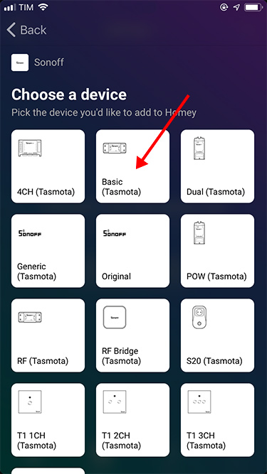 App Homey - Sonoff - Aggiunta dispositivo Sonoff Basic Tasmota - 1